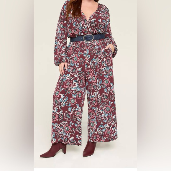 Lane Bryant Burgundy Floral Long Sleeve Romper